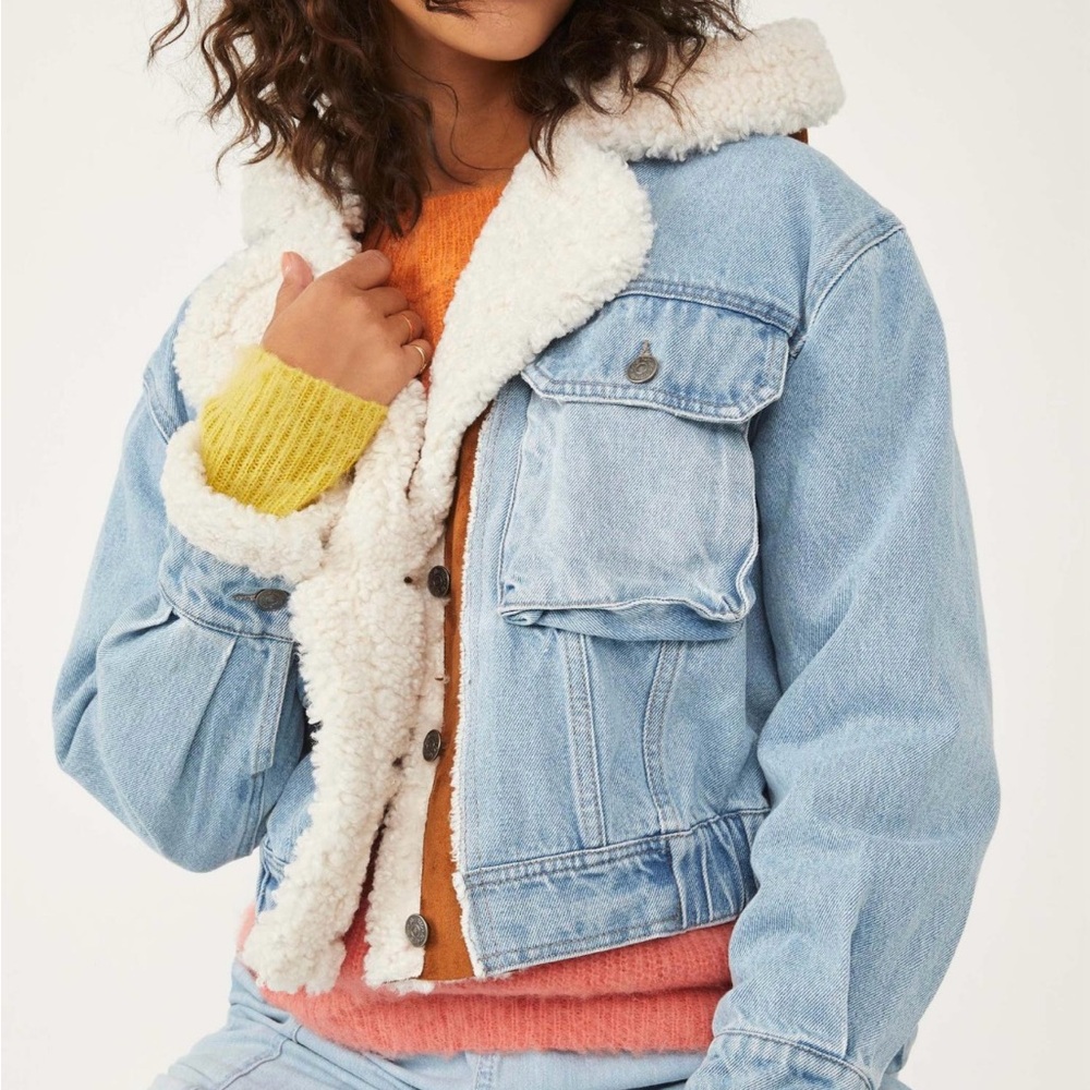 NWOT Free People Denim Sherpa-Lined Jacket